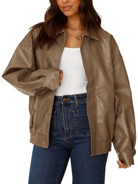 Women’s Khaki Faux Leather Motorcycle Moto Biker Jacket